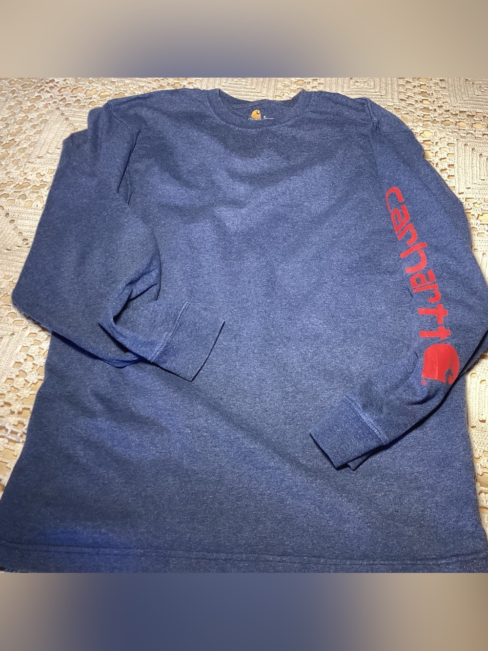 Carhartt Men's Crewneck Sweatshirt in Navy with Red Sleeve Logo
